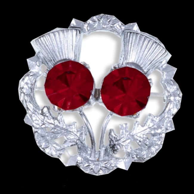 Image 0 of Ruby Red Crystal Stone Double Thistle Flowers Chrome Plated Brooch