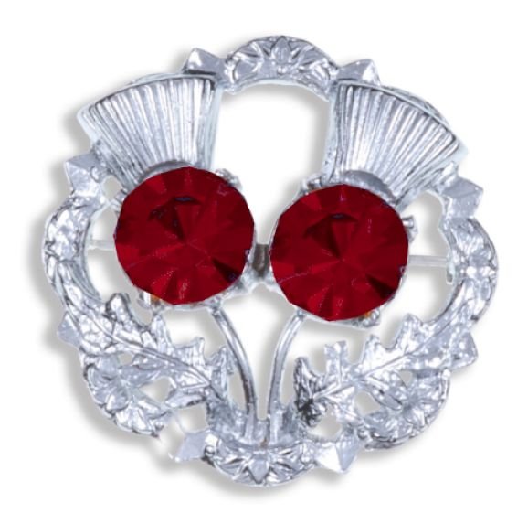 Image 1 of Ruby Red Crystal Stone Double Thistle Flowers Chrome Plated Brooch