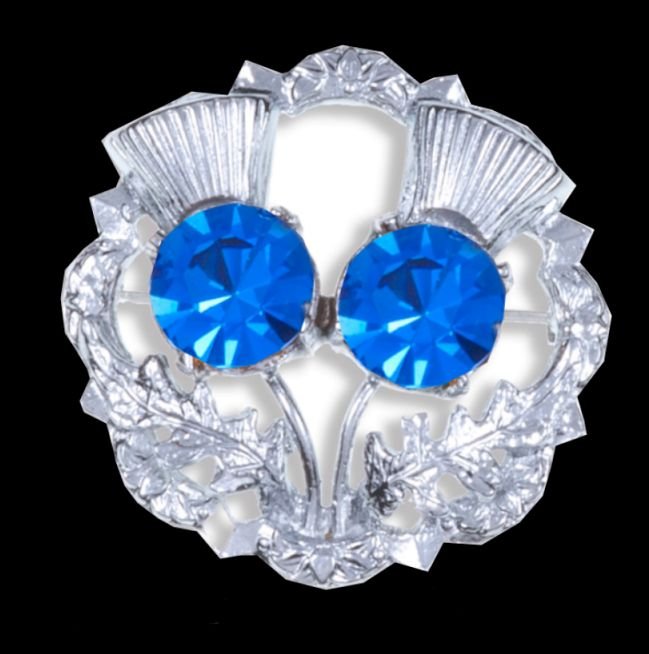 Image 0 of Blue Sapphire Crystal Stone Double Thistle Flowers Chrome Plated Brooch