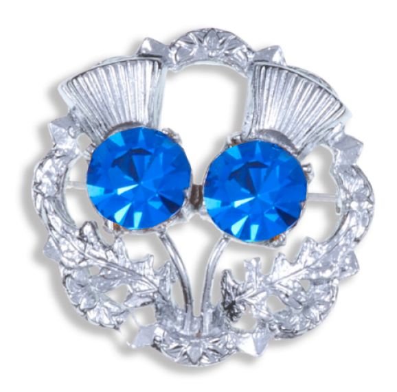 Image 1 of Blue Sapphire Crystal Stone Double Thistle Flowers Chrome Plated Brooch