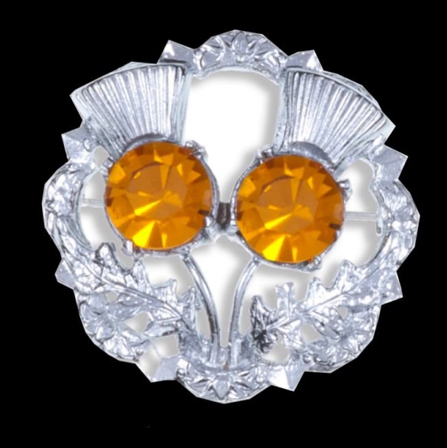 Image 0 of Orange Topaz Crystal Stone Double Thistle Flowers Chrome Plated Brooch