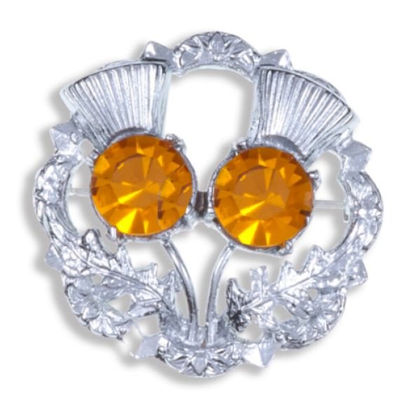 Image 1 of Orange Topaz Crystal Stone Double Thistle Flowers Chrome Plated Brooch