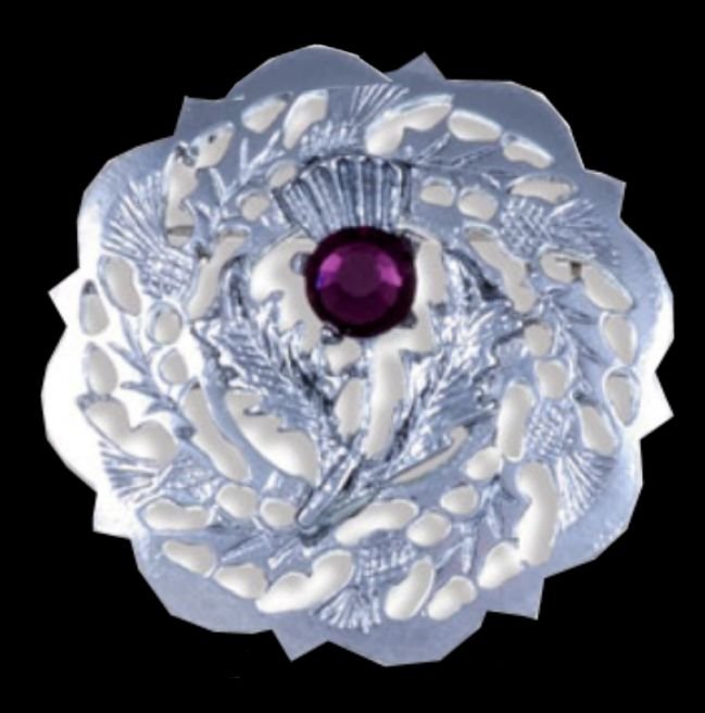 Image 0 of Thistle Flower Round Single Purple Glass Stone Chrome Plated Brooch