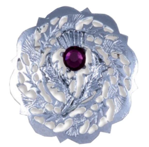 Image 1 of Thistle Flower Round Single Purple Glass Stone Chrome Plated Brooch