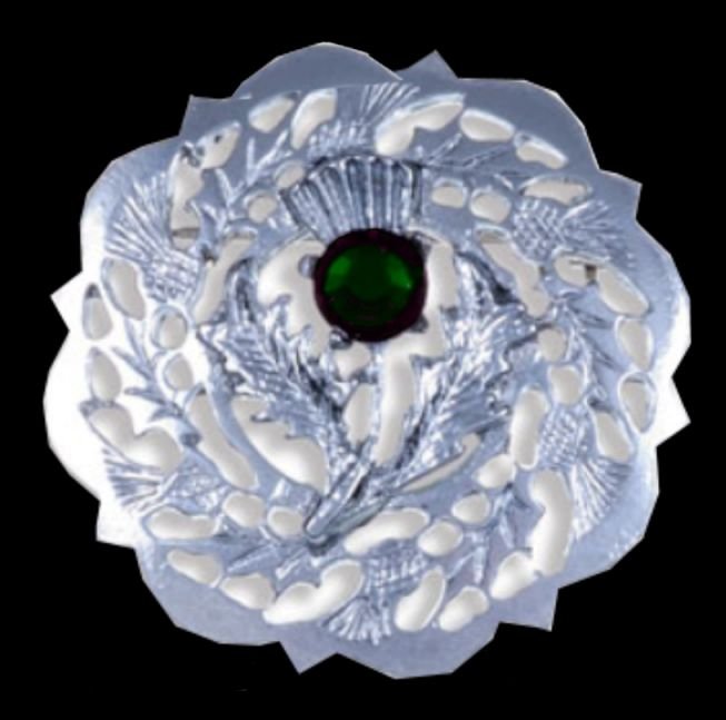 Image 0 of Thistle Flower Round Single Green Glass Stone Chrome Plated Brooch