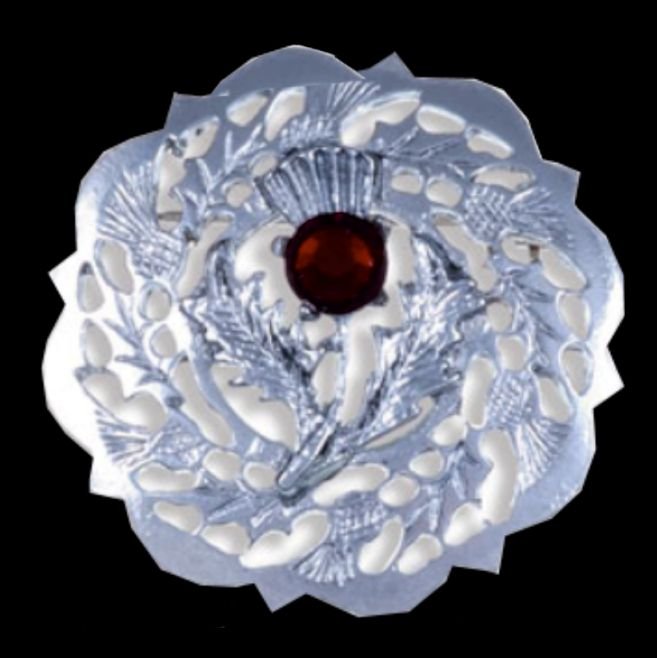 Image 0 of Thistle Flower Round Single Red Glass Stone Chrome Plated Brooch