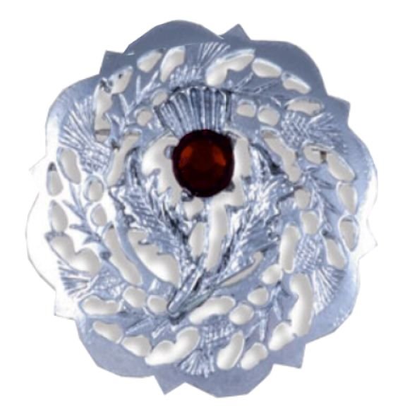 Image 1 of Thistle Flower Round Single Red Glass Stone Chrome Plated Brooch