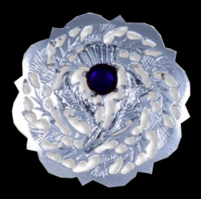 Image 0 of Thistle Flower Round Single Blue Glass Stone Chrome Plated Brooch