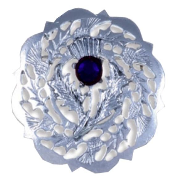 Image 1 of Thistle Flower Round Single Blue Glass Stone Chrome Plated Brooch