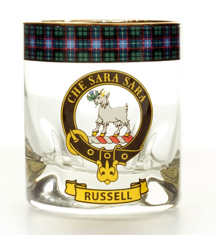Image 1 of Russell Clansman Crest Tartan Tumbler Whisky Glass Set of 4