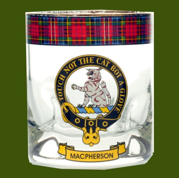 Image 0 of MacPherson Clansman Crest Tartan Tumbler Whisky Glass Set of 2