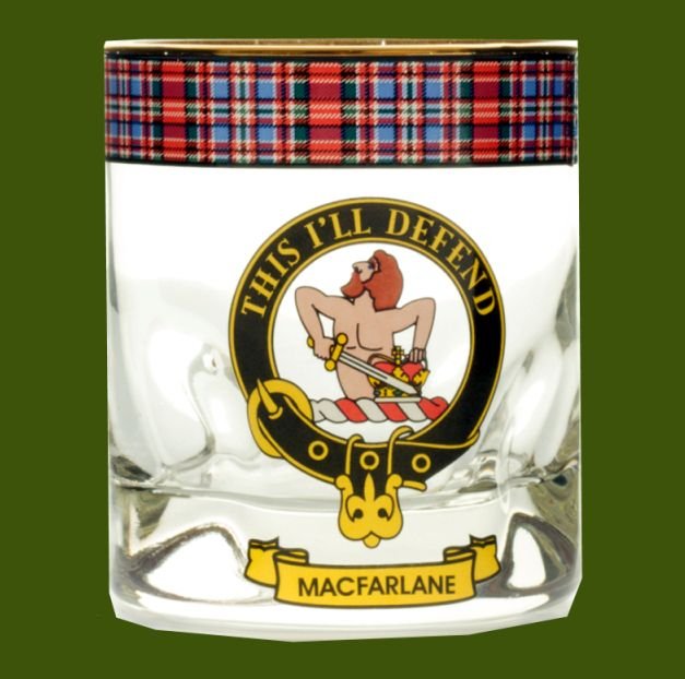Image 0 of MacFarlane Clansman Crest Tartan Tumbler Whisky Glass Set of 2