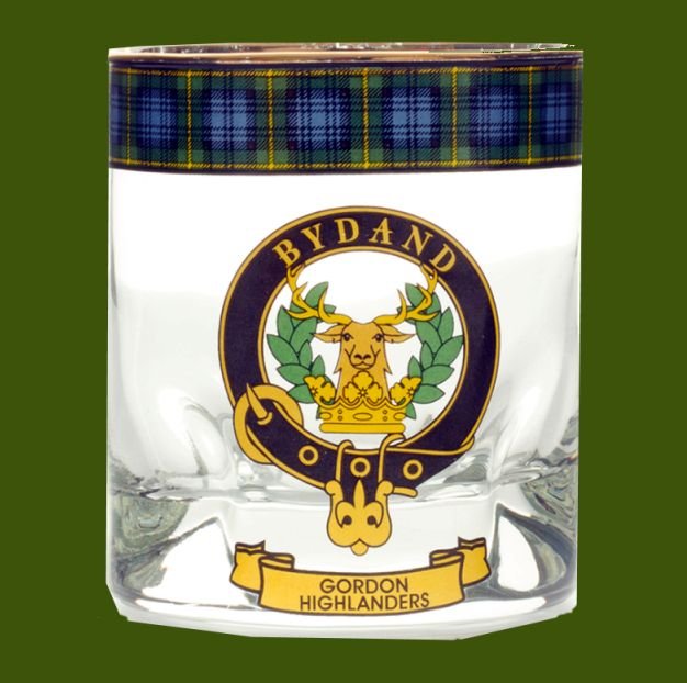 Image 0 of Gordon Highlanders Clansman Crest Tartan Tumbler Whisky Glass Set of 2