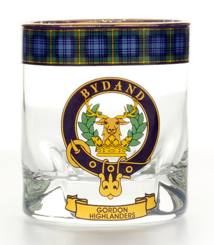 Image 1 of Gordon Highlanders Clansman Crest Tartan Tumbler Whisky Glass Set of 2