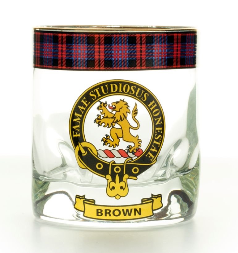 Image 1 of Brown Clansman Crest Tartan Tumbler Whisky Glass Set of 2