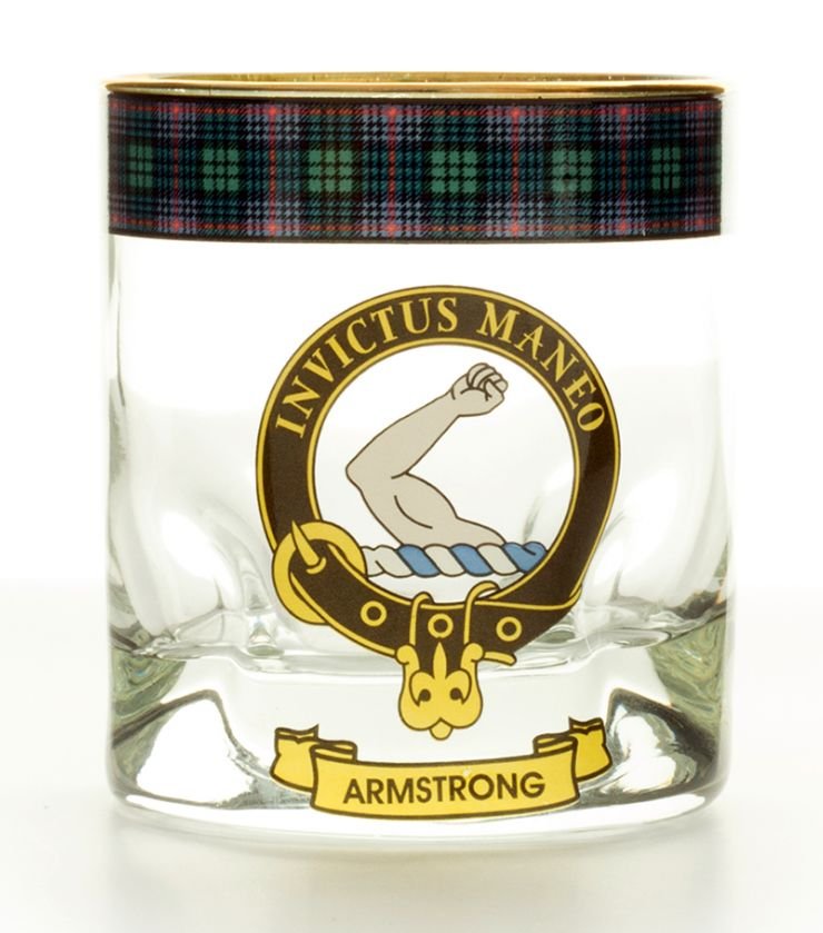 Image 1 of Armstrong Clansman Crest Tartan Tumbler Whisky Glass Set of 2