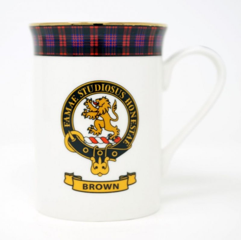 Image 1 of Brown Balmoral Crest Tartan Bone China Mug Set of 2