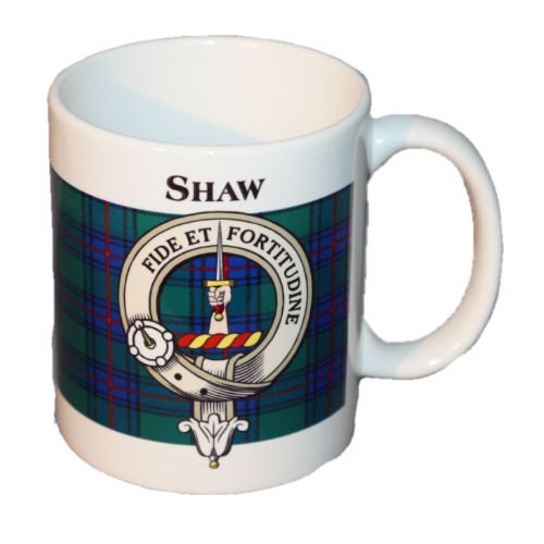 Image 1 of Shaw Tartan Clan Crest Ceramic Mugs Shaw Clan Badge Mugs Set of 4