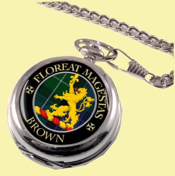 Image 0 of Brown Clan Crest Round Shaped Chrome Plated Pocket Watch