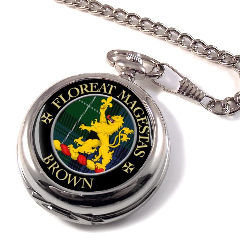 Image 1 of Brown Clan Crest Round Shaped Chrome Plated Pocket Watch