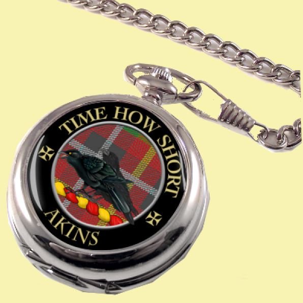 Image 0 of Akins Clan Crest Round Shaped Chrome Plated Pocket Watch
