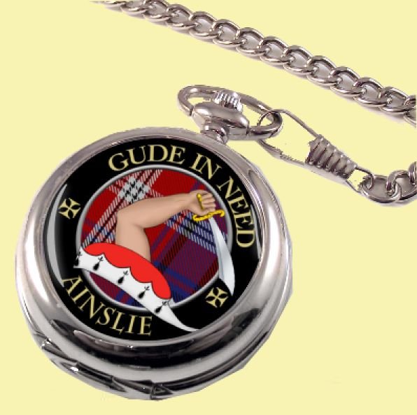 Image 0 of Ainslie Clan Crest Round Shaped Chrome Plated Pocket Watch