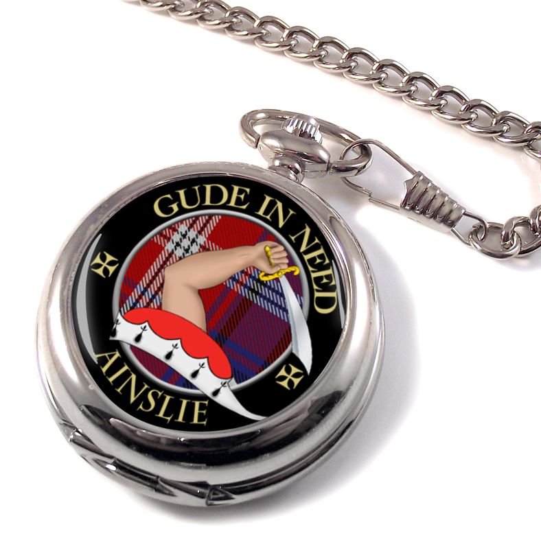 Image 1 of Ainslie Clan Crest Round Shaped Chrome Plated Pocket Watch