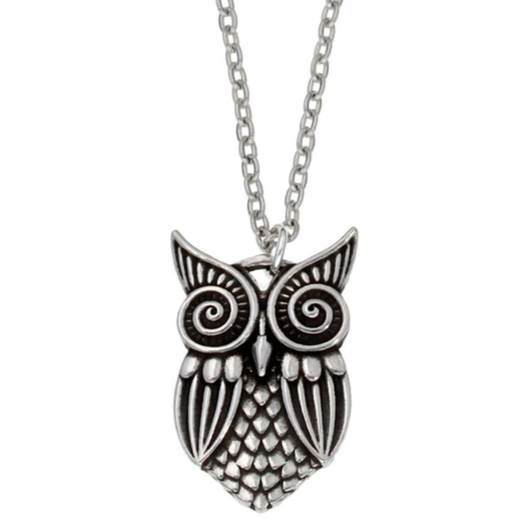 Image 1 of Greek Owl Spiral Eyes Bird Themed Stylish Pewter Pendant
