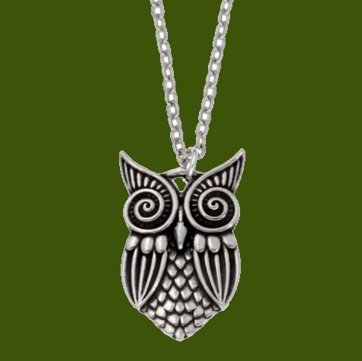 Image 0 of Greek Owl Spiral Eyes Bird Themed Stylish Pewter Pendant