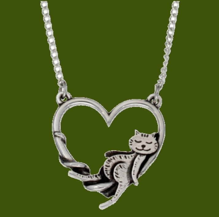 Image 0 of Cat Lounging Within Heart Stylish Pewter Pendant