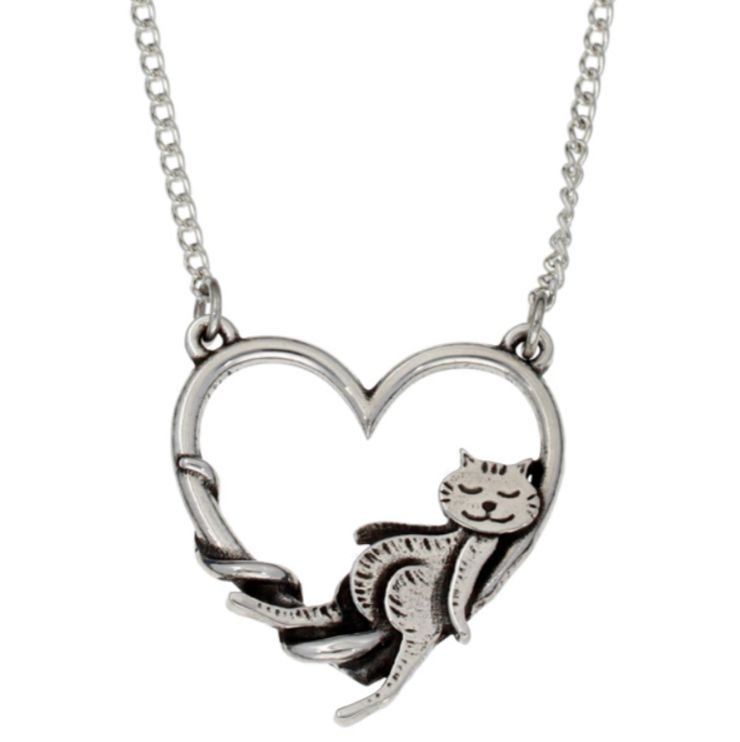 Image 1 of Cat Lounging Within Heart Stylish Pewter Pendant