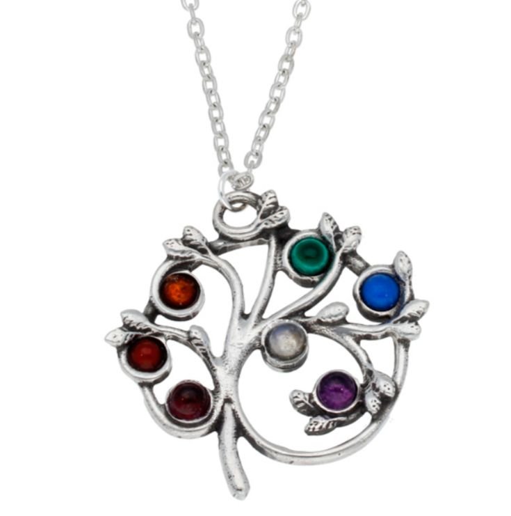 Image 1 of Chakra Tree Seven Semi Precious Stones Stylish Pewter Pendant