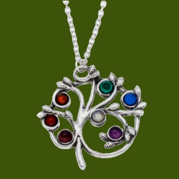 Image 0 of Chakra Tree Seven Semi Precious Stones Stylish Pewter Pendant