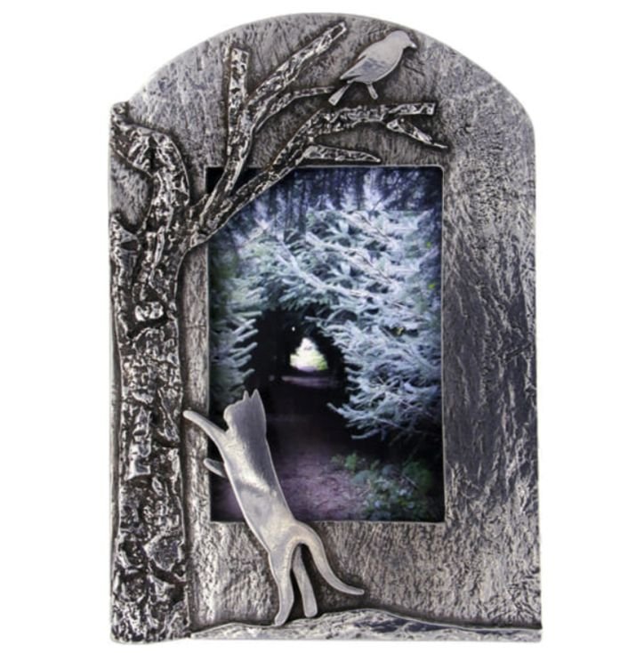 Image 1 of Woodland Cat Motif Arched Textured Stylish Pewter Photo Frame