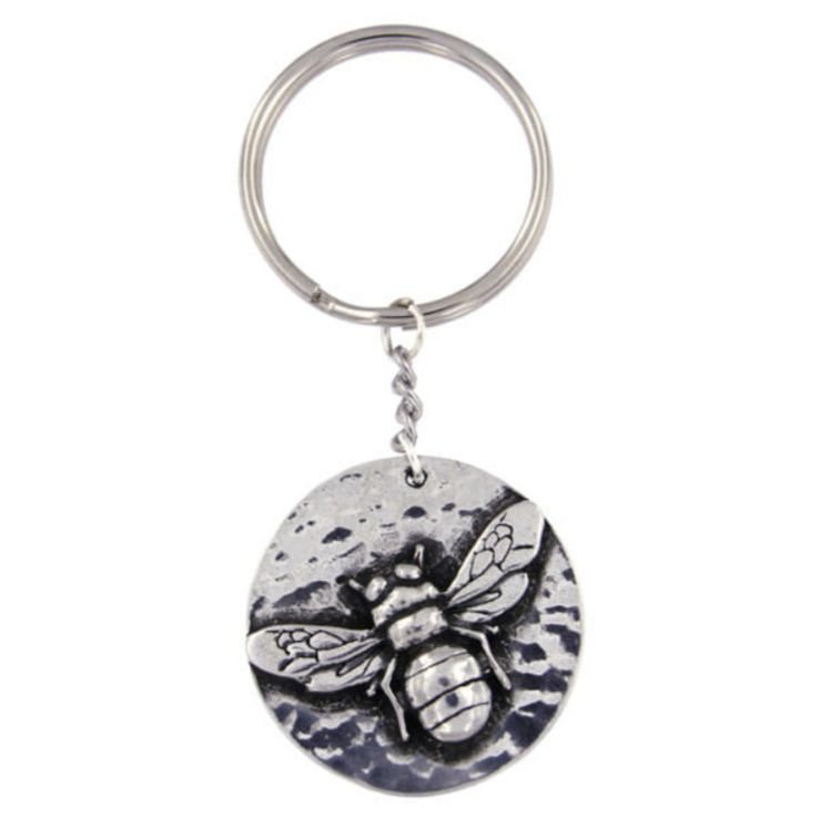 Image 1 of Buzzing Bee Planished Disc Stylish Pewter Key Ring 