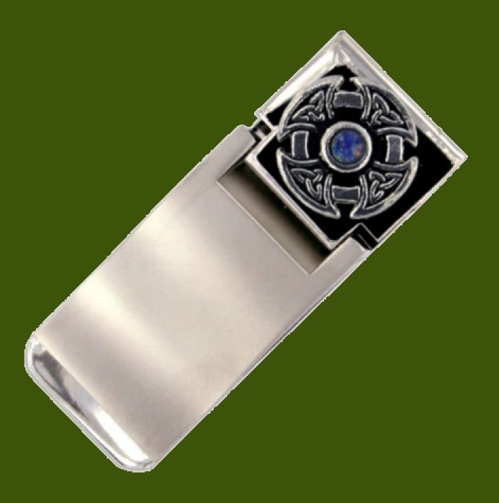 Image 0 of Opal Glass Stone Celtic Cross Knot Stylish Pewter Motif Nickel Plated Money Clip