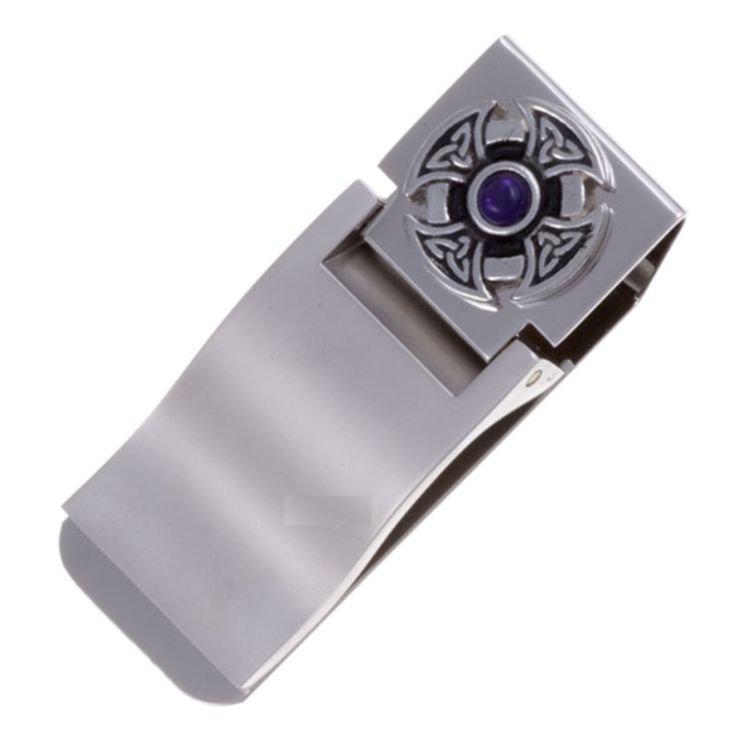 Image 1 of Amethyst Celtic Cross Knot Stylish Pewter Motif Nickel Plated Money Clip