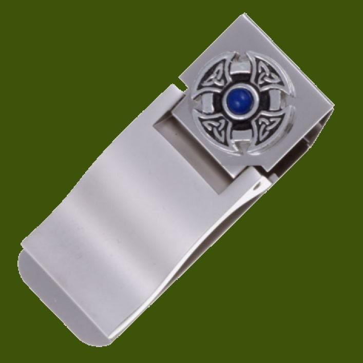 Image 0 of Lapis Lazuli Celtic Cross Knot Stylish Pewter Motif Nickel Plated Money Clip