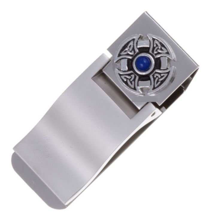 Image 1 of Lapis Lazuli Celtic Cross Knot Stylish Pewter Motif Nickel Plated Money Clip