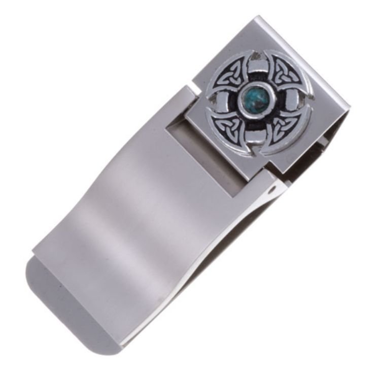 Image 1 of Turquoise Celtic Cross Knot Stylish Pewter Motif Nickel Plated Money Clip