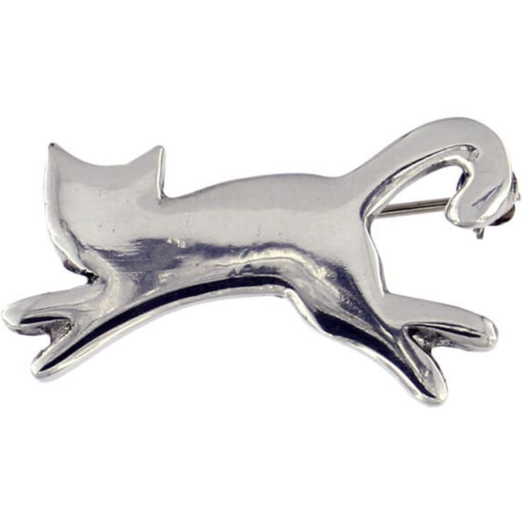 Image 1 of Leaping Cat Animal Themed Polished Stylish Pewter Brooch