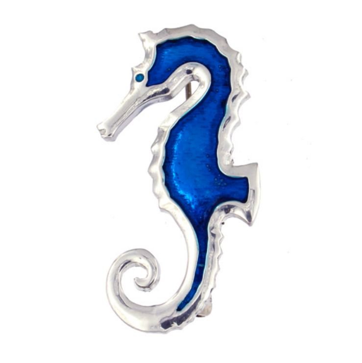 Image 1 of Seahorse Blue Enamel Animal Stylish Pewter Brooch
