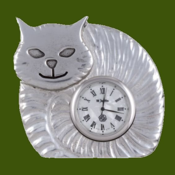 Image 0 of Fat Cat Animal Themed Embossed Antiqued Stylish Pewter Clock