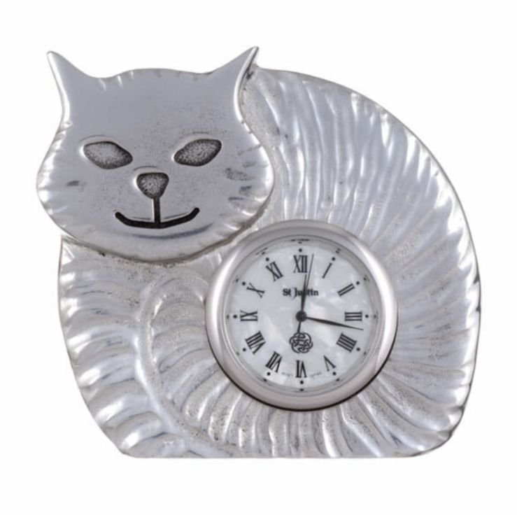 Image 1 of Fat Cat Animal Themed Embossed Antiqued Stylish Pewter Clock