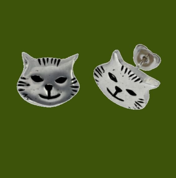 Image 0 of Kitty Cat Face Animal Themed Small Stud Stylish Pewter Earrings