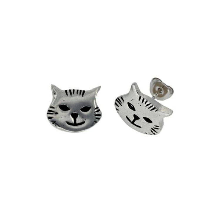 Image 1 of Kitty Cat Face Animal Themed Small Stud Stylish Pewter Earrings