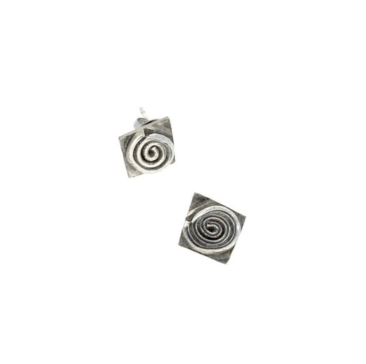 Image 1 of Abstract Spiral Square Small Stud Stylish Pewter Earrings
