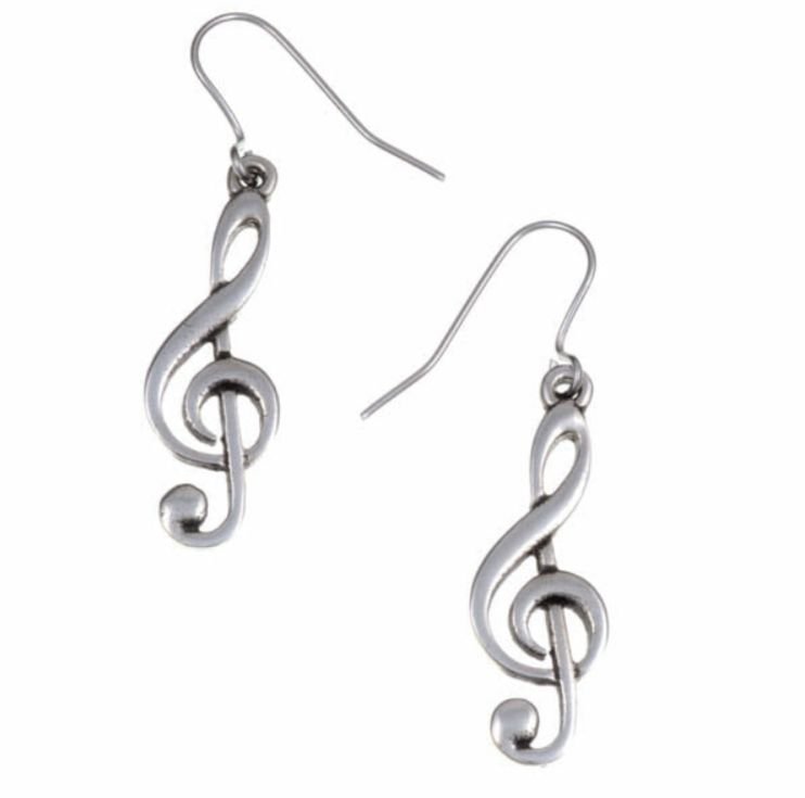 Image 1 of Treble Clef Musical Note Sheppard Hook Stylish Pewter Earrings