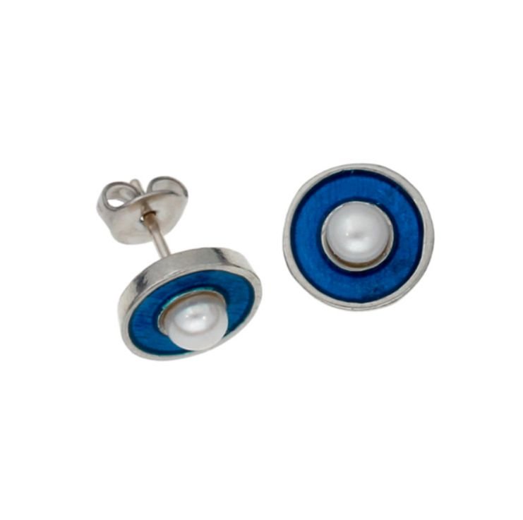 Image 1 of Blue Enamel Freshwater Pearl Round Small Stud Stylish Pewter Earrings
