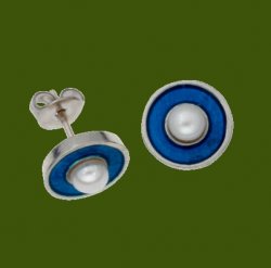 Blue Enamel Freshwater Pearl Round Small Stud Stylish Pewter Earrings